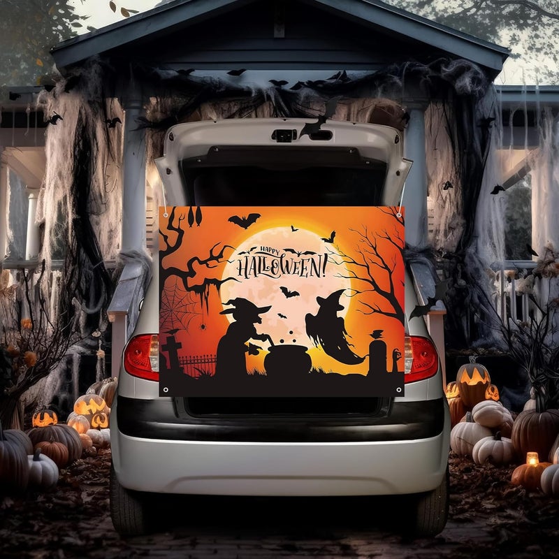 Pedel Halloween Trunk Or Treat Car Decoration Kits for Suv Banner, Orange Happy Halloween Witch Backdrop Banner for Archway Garage Door Haunted House Car Trunk Décor - Image 3